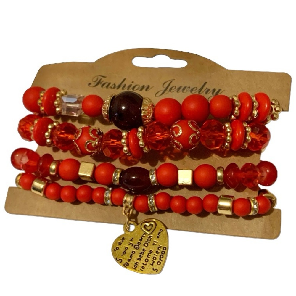 Bracelet Set 4 PC Handmade Boho Red Natural Stone Beaded Heart Charm 
Stackable - Picture 6 of 11